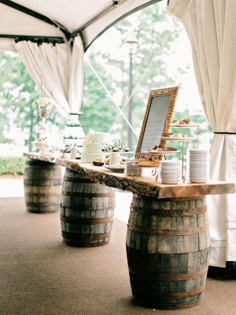 Wine Barrel Wedding, Party Buffet Table, Wedding Tent Decorations, Wine Barrel Table, Country Wedding Reception, Barrel Wedding, Wine Barrel Furniture, Dessert Bar Wedding, Barrel Table