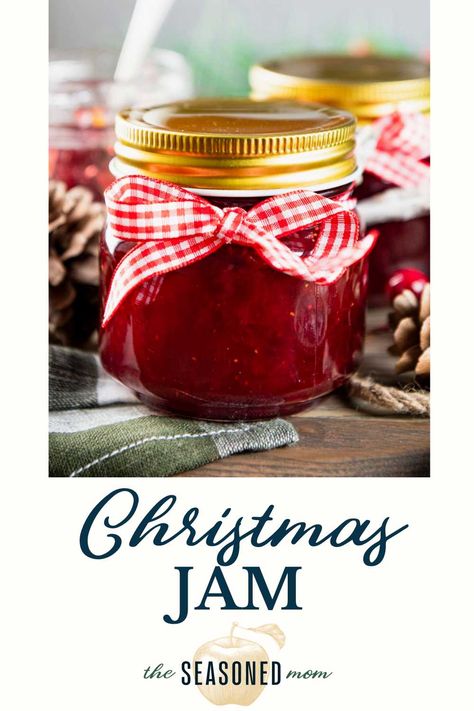 The perfect gift to share with friends and family during the holiday season! Christmas jam includes frozen strawberries, cranberries, fresh orange zest, and warm spices. Easy Fruit Jam Recipe, Spiced Christmas Jam No Pectin, Spiced Christmas Jam Recipes Homemade, Christmas Jam With Powdered Pectin, Small Batch Christmas Jam, Spiced Jam Recipes, Cranberry Jam Easy, Spicy Christmas Jam, Spiced Cranberry Jam