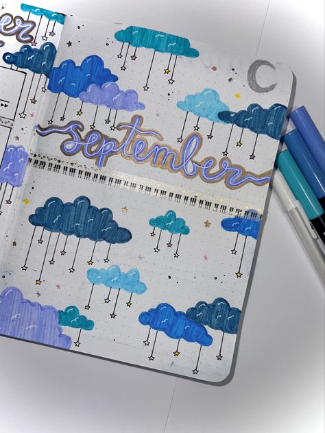 Cloud Journal Ideas, Blue Theme Journal Ideas, Cloud Border Design, Blue Journal Cover Ideas, Cloud Bujo, Blue Bullet Journal Theme, 2024 Journal Ideas Cover, Blue Journal Aesthetic, Cloud Bullet Journal