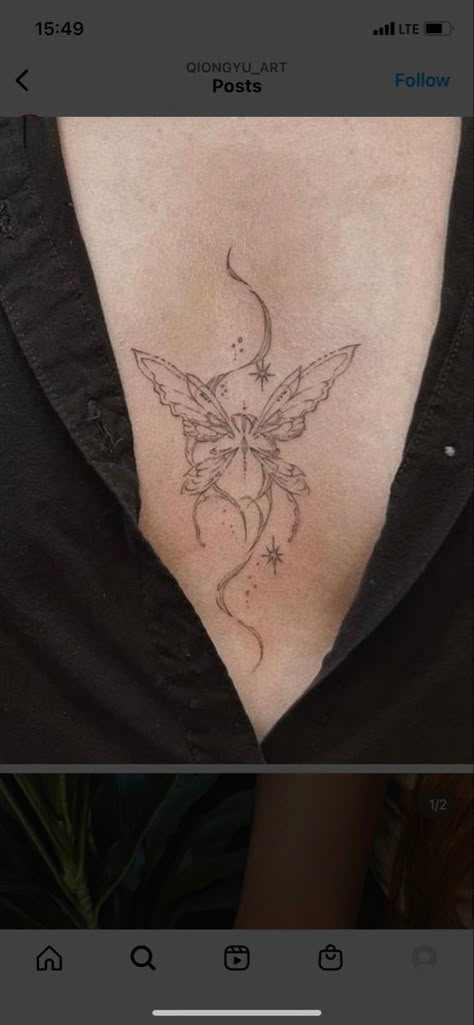 Baterfly Tattoos, Realistic Fine Line Tattoo, Sternum Tattoo Women Butterfly, Heart Tattoo Unique, Underboob Tattoo Butterfly, Butterfly Tattoo Between Breast, Sternum Butterfly Tattoo, Between The Breast Tattoo, Under Chest Tattoos Female