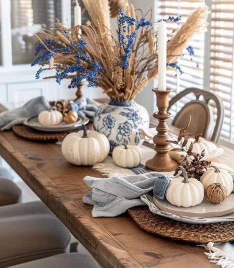 Blue And White Fall Table Decor, Dining Room Table Decor Fall, Blue And White Fall Decor Ideas, Fall Decor With Blue Accents, Navy Fall Decor, Fall Dining Table Decor Ideas, Gray Livingroom, Blue And Orange Fall Decor, Blue And White Fall Decor