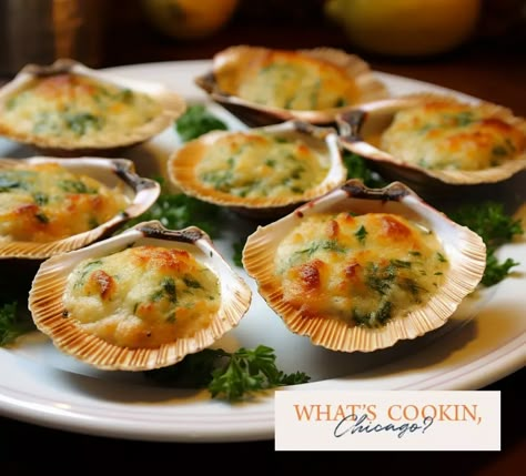 Stuffed Scallops on The Half Shell | What's Cookin' Chicago Scallop In Shell, Scallops On The Half Shell Recipe, Stuffed Scallops, Bay Scallop Recipes, Best Picnic Food, Seafood Scallops, How To Cook Scallops, Baked Scallops, Grilled Scallops