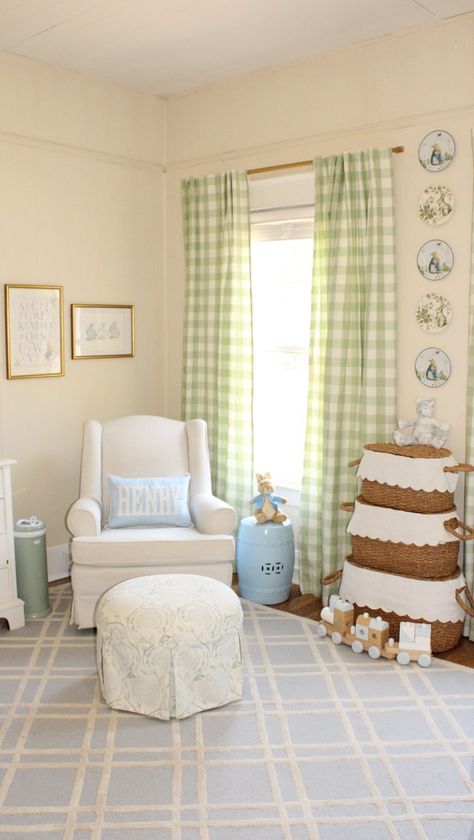 Rebekah Hinz Timmel on Instagram: "The sweetest room in our house just got sweeter!✨Henry and I could not be happier with the curtains that were kindly gifted to us from @letsdecoberry The “Mertie buffalo check” pattern is so classic & timeless and they completely transformed his nursery🤍The fabric is incredibly soft but more importantly, resistant to wear & tear🙌🏻which means my angel boy can play with them all he wants without any concern on my end!👼🏼 I chose the “Laurel green” but make Green Nursery Boy, Gingham Curtains, Laurel Green, Classic Nursery, Angel Boy, Pastel Nursery, Nursery Room Design, Baby Boy Room Nursery, Nursery Curtains