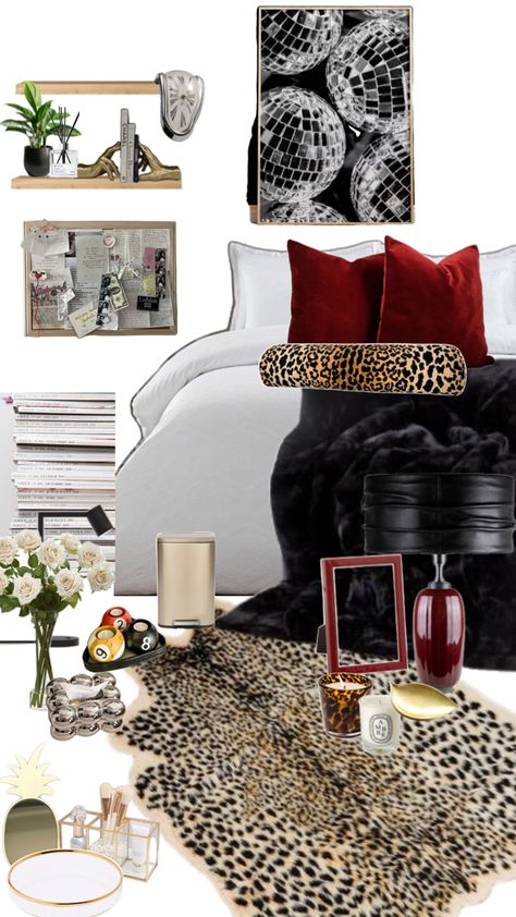 Bedroom Red Accents, Aesthetic Party Decor, Vogue Bedroom, Leopard Print Room, Leopard Bedroom Decor, Leopard Room, New Room Decor, Mob Wife Aesthetic, Wife Aesthetic