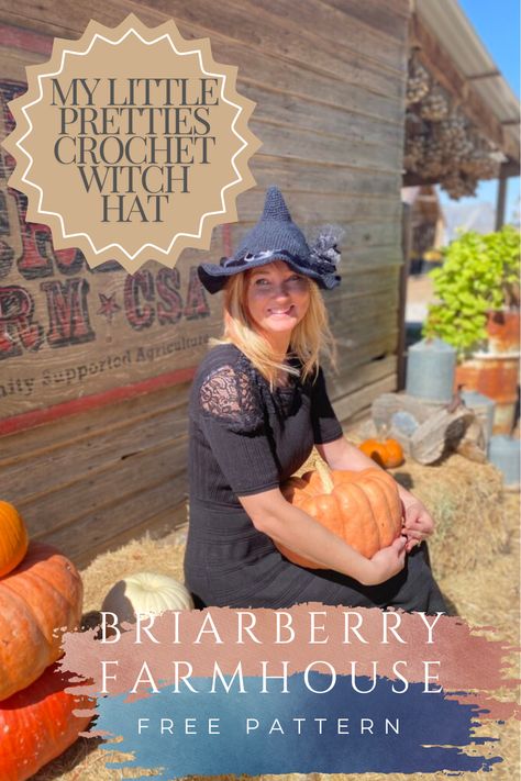 A Farmhouse Witch sitting on a hay bale holding a pumpkin and wearing a Crocheted Witch Hat in a Farm scene. Witch Hat Pattern Crochet, Witches Hat Crochet, Crochet Small Witch Hat Pattern Free, Crochet Witches Hat, Small Witch Hat Crochet Pattern, Modern Witch Hat Crochet Pattern, Crochet Witches, Crochet Amigurumi Witch Hat, Crochet Witch Hat