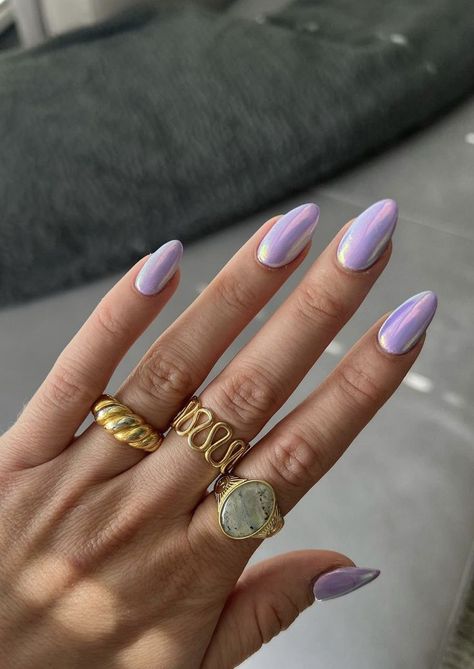 Trendy Nails Ideas 2024 Spring, Purple And Silver Nails, Purple Chrome Nails, Light Purple Nails, Purple Glitter Nails, Milky Nails, Purple Nail Art, Chrome Nails Designs, Lilac Nails