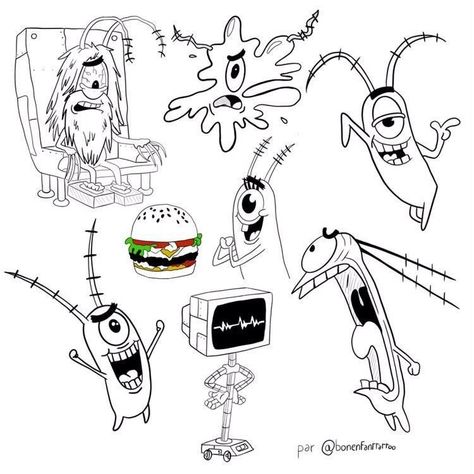 Plankton Tattoo Ideas, Plankton Tattoo Design, Plankton Tattoo, Nickelodeon Tattoos, Spongebob Drawing, Draw Spongebob, Spongebob Tattoo, Snail Tattoo, Butterfly Tattoo Stencil