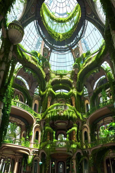 Overgrown Steampunk, Solarpunk Character, Domed City, Overgrown City, Green Steampunk, Chaotic Beauty, Steampunk World, City Concept, English Homework