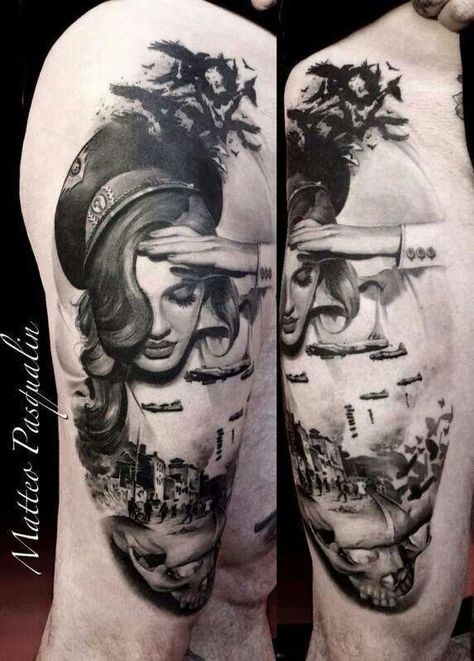 WWII Tattoo Ww2 Tattoo, Army Tattoos, Kunst Tattoos, Military Tattoos, Sick Tattoo, Latest Tattoos, Tattoo Shows, Detailed Tattoo, Inked Magazine