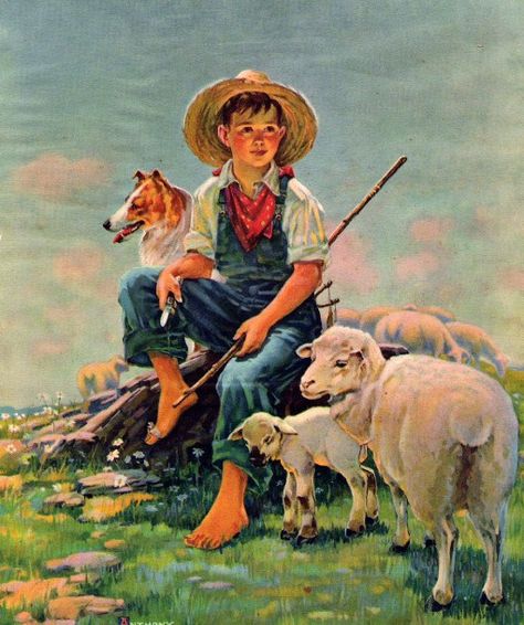 Boy And Dog Tending The Sheep-Anthony Cucchi (XX Century, American) American Gallery, Farm Art, The Sheep, Country Art, Western Art, Children Illustration, Vintage Children, Vintage Illustration, A Child