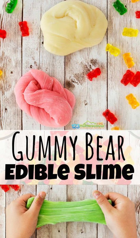 Gummy Bear Edible Slime Gummy Bear Slime, Gummy Bear Experiment, Making Gummy Bears, Edible Slime Recipe, Kitchen Science Experiments, Edible Slime, Kitchen Science, Easy Slime Recipe, Slime For Kids