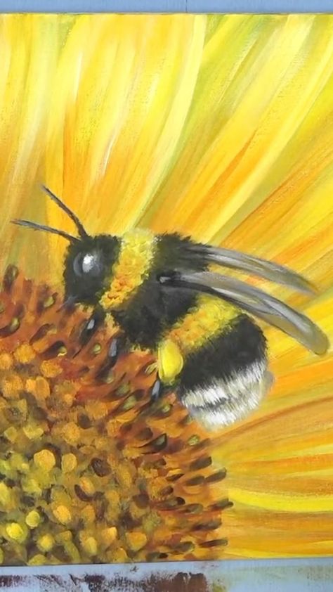 Sunflower Bee Painting, Bubble Bee Painting, Bumblebee Acrylic Painting, Sunflower With Bee Painting, Bee On A Flower Painting, Bee Flower Painting, Painting A Bee, Flower And Bee Painting, Bumblebee Painting Easy