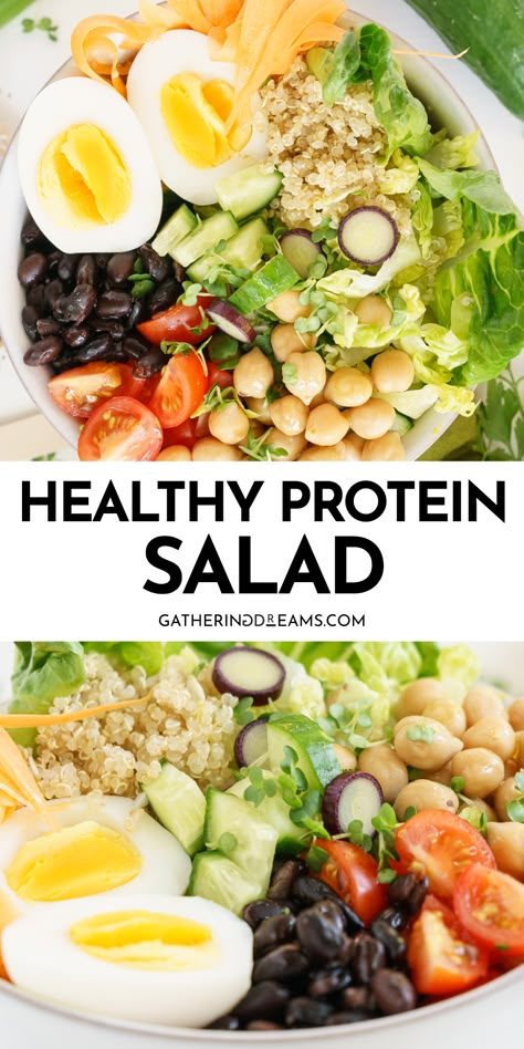 This Protein Salad is packed with fresh veggies and plenty of protein from quinoa, chickpeas, black beans, and eggs - the perfect combination of high-protein ingredients to keep you full and satisfied! You can pack this delicious salad in a jar, which is perfect for healthy meal prep. Black Beans And Eggs, Protein Salad Vegetarian, Beans And Eggs, Salad Vegetarian, Protein Salad, Healthy Vegetarian Dinner, Seasonal Salad, Salad Meal Prep, Healthy Plant Based Recipes