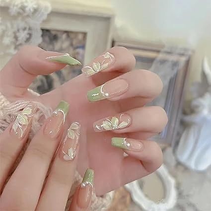 Green Medium Nails Acrylic, Beautiful Press On Nails, Sage Green And Lilac Nails, Green Nails Medium Length, Coffin Floral Nails, French Tips Spring, Nail Inspo Coffin Medium, Nails Inspo Green, Green Nails Coffin