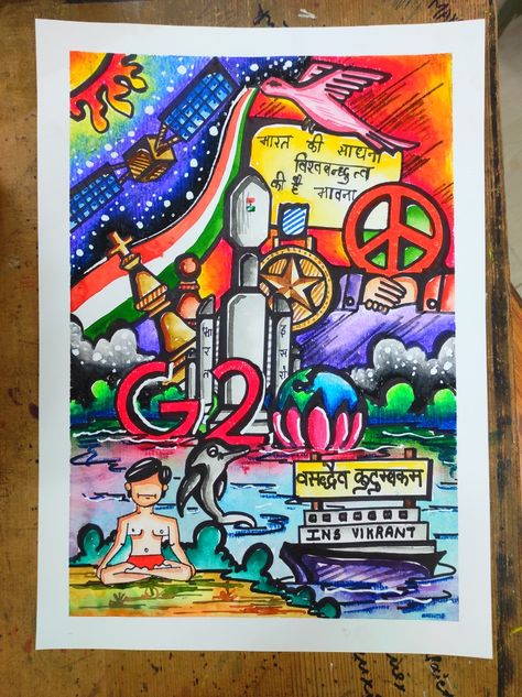 G20 Poster Drawing Competition Ideas, G20 Drawing Competition, Vasudev Kutumbakam Poster Drawing, Peace Poster Drawing Ideas Creative, G20 India Drawing, Making The World A Kinder Place Drawing, Drawing For Art Competition, Green India Mission Drawing, Fundamental Rights Project Ideas