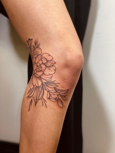 Two Shoulder Tattoos, Side Of Knee Flower Tattoo, Side Of Shin Tattoo, Nature Shin Tattoo, Linework Arm Tattoo, Magnolia Leg Tattoo, Inside Leg Tattoos Women, Upper Hamstring Tattoo, Floral Knee Frame Tattoo