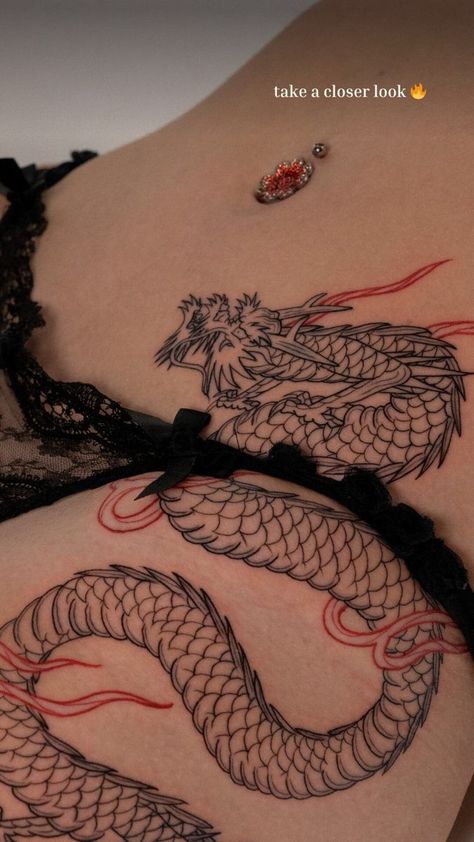 Dragon With Flames Tattoo, Dragon Tattoo With Fire, Dragon Tattoo On Hip, Dragon Tattoo Thigh, Dragon Tattoo Placement, Dragon Hip Tattoo, Dragon Tattoo Hip, Hips Tattoo, Hip Tats