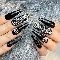 Rhinestone Nails Halloween, White And Black Glitter Nails, Christmas Nail Designs Long Nails, Bling Press On Nails, Black Nails Ideas Glitter, Nail Ideas Bling, Black Nails With Jewels, Goth Wedding Nails, Black Gem Nails