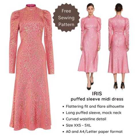 Iris puffed sleeve midi dress – Free PDF sewing pattern – Tiana's Closet Paper To Print, Tunic Dress Patterns, Kitchen Sewing, Midi Dress Pattern, New Dress Pattern, Flounce Hem Dress, Fancy Frocks, Dress Patterns Free, Save The Earth