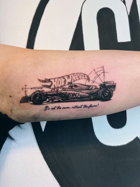 F1 combined with Hot wheels, executed using linework, dotwork and whipshading. Created by GRMC Studios. Hot Wheel Tattoo, F1 Car Tattoo, Hot Wheels Tattoo, Formula 1 Tattoo Ideas, F1 Tattoo, Wheel Tattoo, Cup Tattoo, Tattoos For Lovers, Car Tattoos