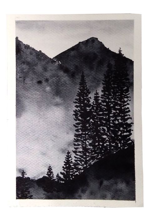 watercolor monochrome painting Watercolor Paintings Black And White, Landscape Black And White Painting, Black White Watercolor, Black White Watercolor Painting, Black And White Watercolor Painting Landscape, Dark Watercolour Painting, Dark Forest Watercolor, Black Watercolor Art, Black And White Painting Ideas Easy