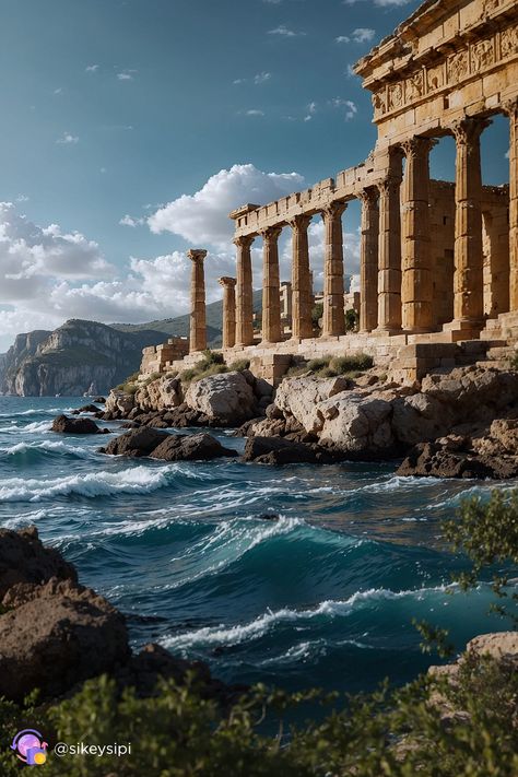 Ancient Greek architecture shines as clifftop marvels in this artwork. The temples rise majestically from rocky cliffs, offering a breathtaking panorama. This image was generated using Stable Diffusion. #GreekArchitecture #ClifftopMarvels #Art #DigitalArt Greek Landscape, Greek Architecture, Greek Ships Ancient, Greek Temple Art, Castle Home, Greek Temple, Ancient Greek Architecture, Temple Art, Mystical Art