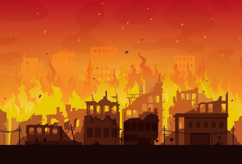 Burn House Background, Fire Background Drawing, House On Fire Drawing, City Background Drawing, Battlefield Background, Fire Cartoon, City On Fire, Destroyed City, City Ruins