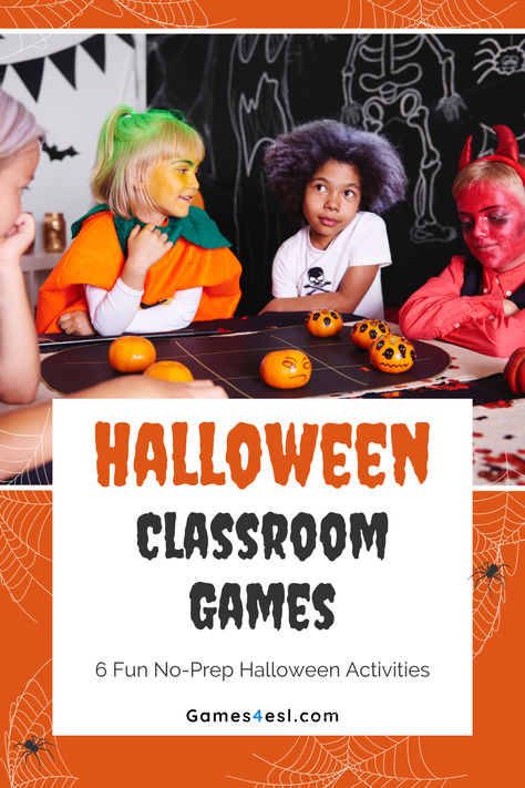 A classroom decorated for Halloween with 4 students dressed in Halloween costumes playing Halloween games. No Prep Halloween Games, Easy Classroom Halloween Games, Halloween Games For Classroom Party, School Halloween Party Games, Halloween Games To Play, Halloween School Party Games, Spooky Classroom, Easy Halloween Games, Classroom Halloween Party