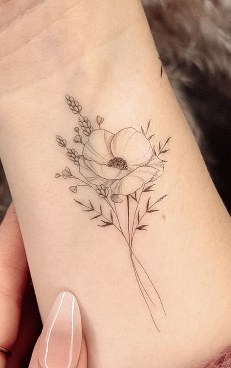 Gemini Birth Flower Tattoo, October Flower Tattoo Cosmos, Primrose Fine Line Tattoo, Poppy And Daffodil Flower Tattoo, Poppy And Lily Tattoo, Woodland Flower Tattoo, Dainty Poppy Flower Tattoo, Fine Line Cosmos Flower Tattoo, California Poppy Tattoo Black And White