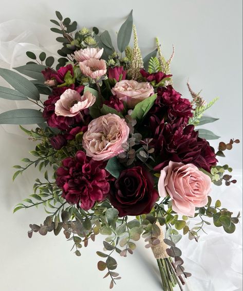 Maroon burgundy dusty pink wedding bouquet Maroon And Pink Flowers, White Blush Pink Burgundy Bouquet, Burgundy And Pink Floral Arrangement, Burgundy Carnation Bouquet, Maroon Pink White Bouquet, Dusty Pink Weddings, Burgundy Bouquet, Country Style Wedding, Wedding Bouquets Pink