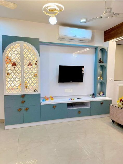 stylish blue colour wooden tv stand  designs 7 Feet Tv Unit Design, Tv Unit Cum Pooja Unit, Tv Panel With Mandir, Tv Unit Cabinet Design, Tv Unit With Mandir Design Modern, Tv Unit Plus Mandir, Tv Unit With Pooja Unit In Living Room, Tv Cabinet With Pooja Unit, Tv Unit With Temple Design