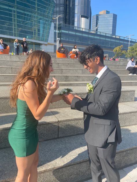 green theme corsage couple hoco homecoming hoco proposal homecoming proposal dress green dress pretty girl grey suit Homecoming Couple, Homecoming Pictures, Homecoming Proposal, Green Theme, Gray Suit, Homecoming, Green Dress, Green, Dresses