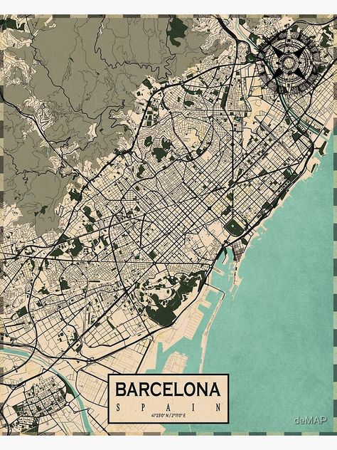 "Barcelona City Map of Spain - Vintage" Poster by deMAP | Redbubble Old Barcelona, Barcelona City Map, Apartment Elevation, City Maps Illustration, Barcelona Map, Urban Mapping, Tourism Design, Architect Engineer, Map Of Spain