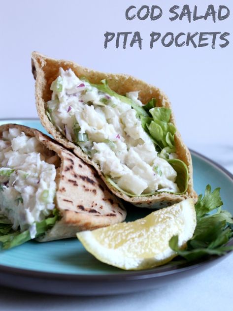 Cod Salad Pita Pockets Cod Salad, Pita Pocket Recipes, Pita Pockets, Classic Sandwich, Red Onion Salad, Cod Recipes, Seafood Salad, Salad Sandwich, Mediterranean Diet Recipes