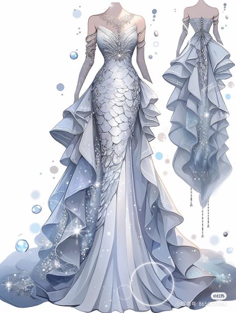 Fantasy Dresses, Fashion Drawing Dresses, Dress Design Sketches, Fashion Illustration Dresses, Prom Dress Inspiration, Dress Sketches, Dress Drawing, Fantasy Gowns, Anime Dress