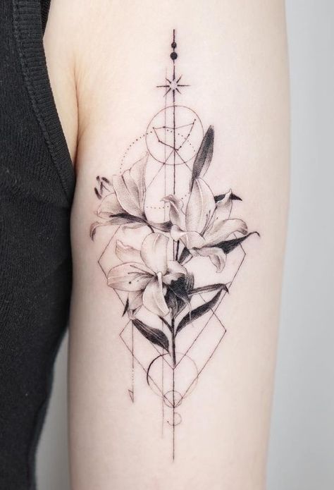 The Meanings Of Lily Tattoos: An Extensive Explanation Lily Tattoo Sleeve, Tiger Lily Tattoos, Geometric Flower Tattoo, Lily Flower Tattoos, Girl Arm Tattoos, Triangle Tattoos, Geometry Tattoo, Geometric Tattoo Design, Spine Tattoos For Women