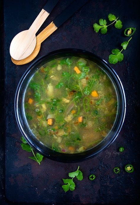 Coriander Lemon Soup | Nish Kitchen Lemon Coriander Soup Vegetarian, Cilantro Soup, Lemon Coriander Soup, Coriander Recipes, Veg Soup Recipes, Coriander Soup, Fitness Foods, Vegetarian Soups, Lemon Soup