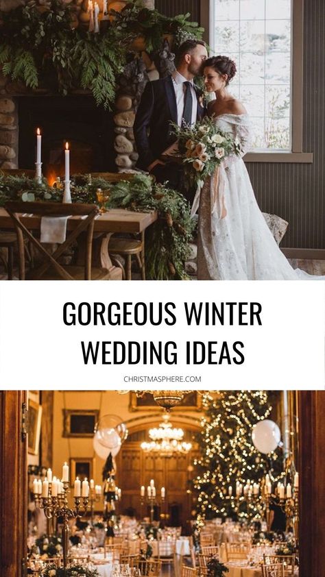 our top ideas and inspiration for a beautiful winter wedding includes themes (rustic, Harry Potter etc), dresses , decorations and more! CHRISTMASPHERE.COM #winterwedding #winterweddingideas #weddingideas Winter Wedding Stage Decor, Winter Wedding Canada, Metallic Winter Wedding, Winter Wedding Must Haves, Christmas Rustic Wedding, Christmas Wedding Dress Ideas, Woodland Winter Wedding, Texas Winter Wedding, Winter Wedding Activities