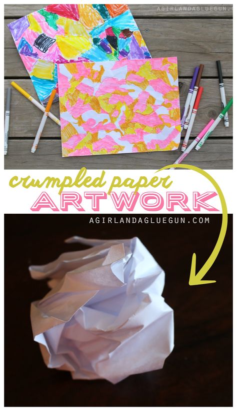 A great kids crafts….one of those great ones that you kinda want to sit down and color too! and this fun abstract craft is super easy! crumple up a piece of paper —spread it out and smooth out the wrinkles best you can. Then follow along the lines and outline and color in! Crumbled Paper Art, Crumble Paper Art, Crumble Paper, Crumpled Paper Art, Cheap Art Projects, Wrinkles Art, Construction Paper Art, Adult Activities, 6th Grade Art