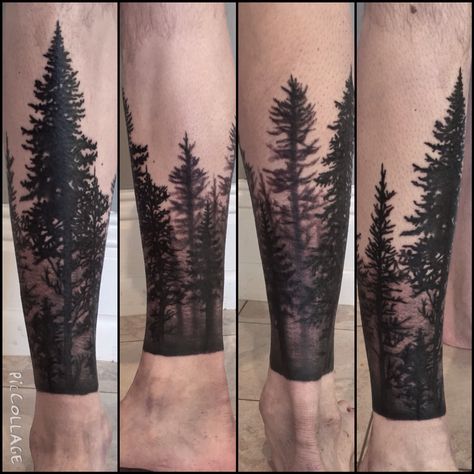 Trees! #bodyart #blacktattoos #blackandgrey #trees #louisvilleart #louisvilletattoo #tattooedlife Tree Leg Tattoo, Forest Tattoo Sleeve, Forest Forearm Tattoo, Tree Silhouette Tattoo, Tree Sleeve Tattoo, Tattoo Perna, Nature Tattoo Sleeve, Small Forearm Tattoos, Forearm Sleeve Tattoos