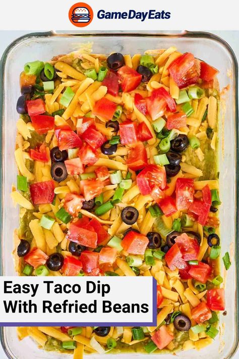 Taco Dip With Refried Beans, Recipe With Refried Beans, Dip With Corn, Bean Dip Recipes Refried, Easy Taco Dip, Mexican Appetizer, Refried Bean Dip, Layered Taco, Vegetarian Dip