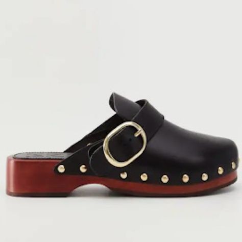 Studded Leather Clog 100% Bovine Leather. Rounded Toe. Wood-Style Sole. Stud Detail. Adjustable Buckle. Fits Small To Size. Mango Heels, Mango Shoes, Studded Clogs, Clogs Heels, Leather Clog, Wooden Clogs, Mule Sandals, Wooden Heel, Leather Clogs