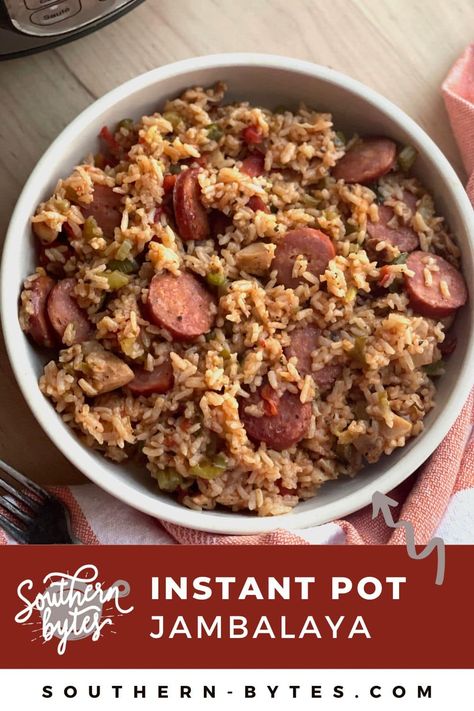 Enjoy this Easy Instant Pot Jambalaya recipe with andouille sausage, chicken, shrimp, and flavorful Cajun seasoning for a delicious weeknight meal. Instant Pot Chicken And Sausage Jambalaya, Jambalaya Recipe Pressure Cooker, Easy Jambalaya Recipe Simple, Creole Jambalaya Recipe, Jambalaya Recipe Instant Pot, Instant Pot Jambalaya, Andouille Sausage Recipes, Chicken And Sausage Jambalaya, Chicken Shrimp