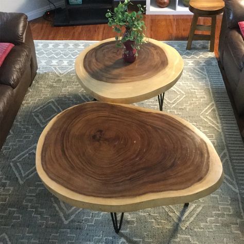 Handmade Natural Live Edge Round Coffee Table Large Hairpin - Etsy Wood Round End Table, Wood Slice Coffee Table, Hairpin Coffee Table, Log Ideas, Coffee Table Large, Wood Coffee Table Rustic, End Table Wood, Wood Slab Table, Round Furniture