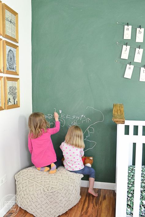 This nursery is filled with fun vintage finds to create a modern spin on a vintage classroom. I love the green chalkboard wall! Green Chalkboard Wall, Chalkboard Wall Kids, Vintage Classroom Decor, Vintage Classroom, Chalkboard Wall Bedroom, Playroom Table, Small Playroom, Playroom Flooring, Baby Playroom