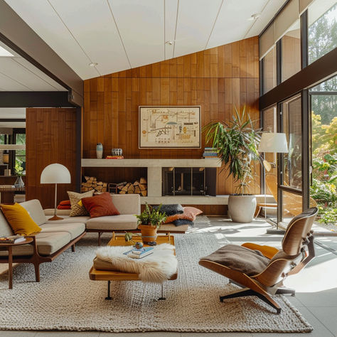 A visually stunning mid-century modern interior that celebrates the timeless beauty and versatility of the color palette, inspiring readers to embrace the style in their own homes3 Century Modern House, Mid Century Layout, Mid Century Living Room Fireplace, Build In Living Room, Mid Century Library Room, Mid Century California Home, Mid Century Modern Conversation Pit, Midcentury House Interior, Bright Mid Century Living Room