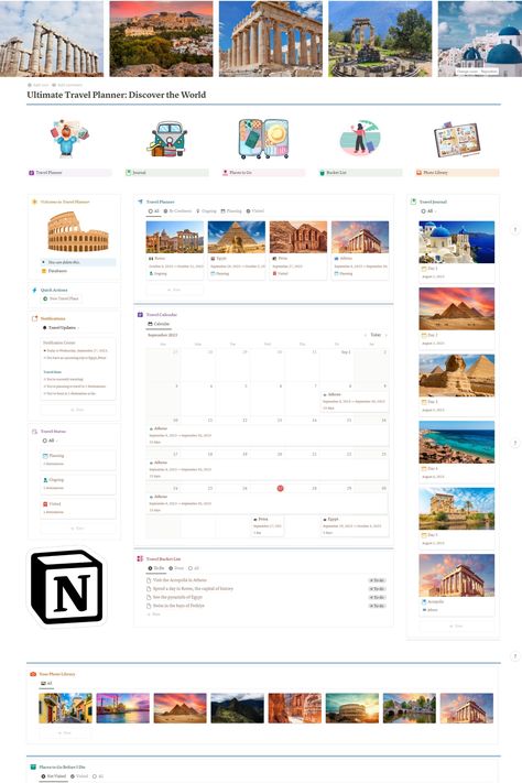 #Organisation #Travel_Notion #Notion_Travel_Template #Notion_Travel_Planner Notion Travel Template, Notion Travel Planner, Student Planner Organization, Itinerary Template Free, Study Planner Free, Planners Ideas, Notion Inspo, Notion Ideas, Travel Itinerary Planner