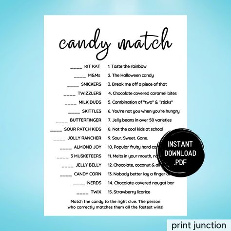 Icebreaker Games, Ice Breaker Games, Match The Candy, Candy Match Game, Office Party Games, Happy Hour Games, Printable Games Icebreaker Games, Caramel Bites, Dinner Party Games, Game Office, Office Party Games, Candy Match, All Candy, Ice Breaker Games, Match Game