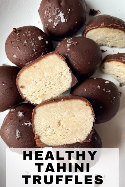 Tahini truffles on white background Chocolate Tahini Truffles, Healthy Candy, Grain Free Desserts, Healthy Cookie Recipes, Bake Dessert, Vegetarian Snacks, God Mat, White Plate, Text Overlay