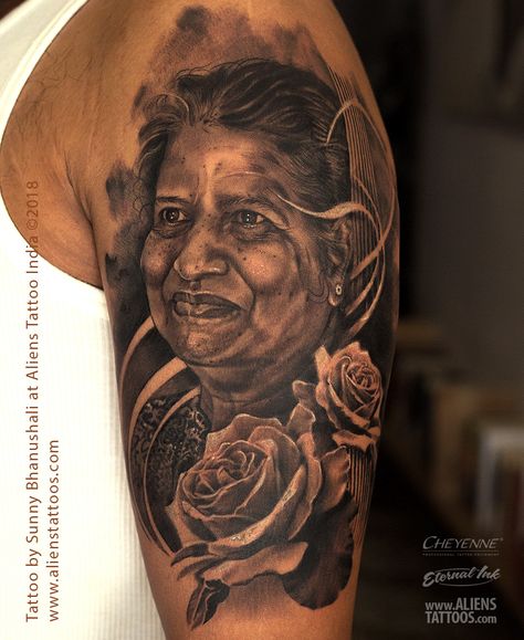 Portrait Tattoo by Sunny Bhanushali Face Portrait Tattoo Sleeve, Portrait Memorial Tattoo Ideas, Half Sleeve Portrait Tattoo, Parent Portrait Tattoo, Shoulder Portrait Tattoo, Rip Portrait Tattoo Ideas, Mother Portrait Tattoo, Family Portrait Tattoo Sleeve, Grandma Portrait Tattoo